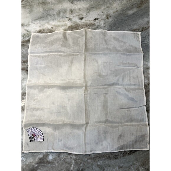 VINTAGE silk-like handkerchief embroideried Japanese Fan Lotus Flower Two Ducks - Picture 4 of 7